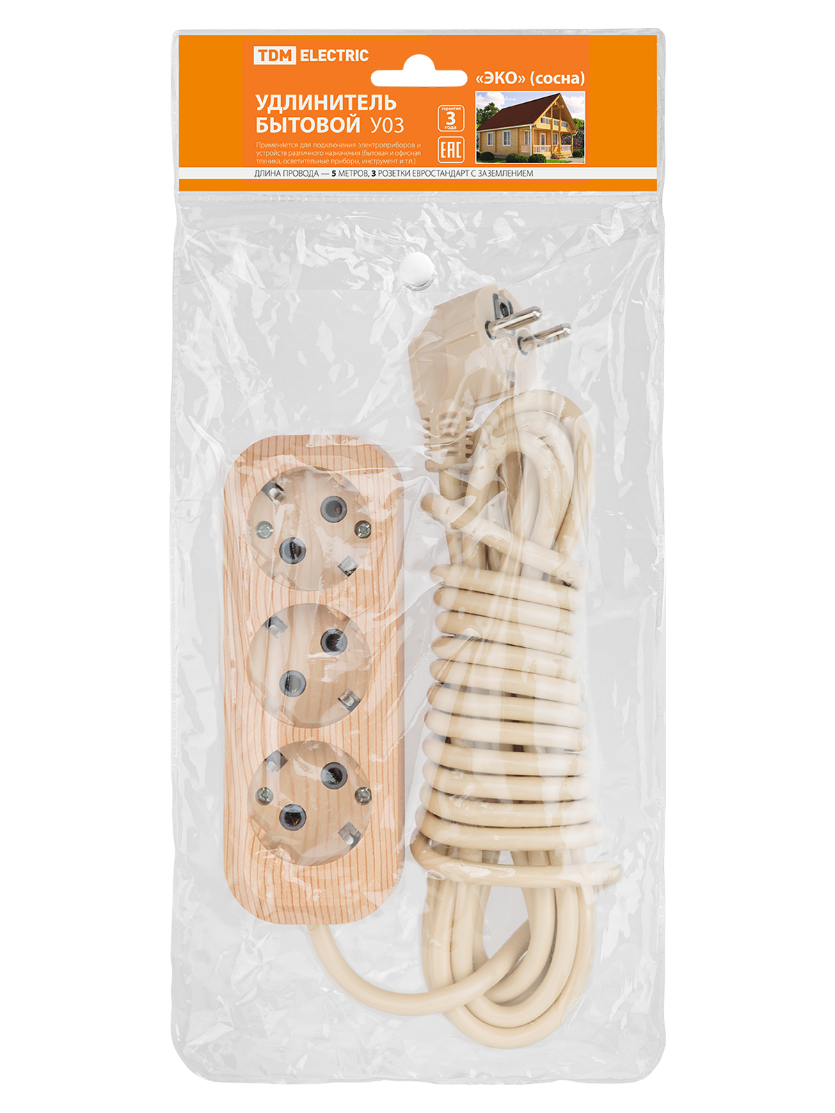 Удлинитель бытовой У03 (3 гнезда, 5 метров, 2П+3, ПВС 3х1мм) 16А/250В TDM SQ1303-2002 в интернет-магазине Ремкабель