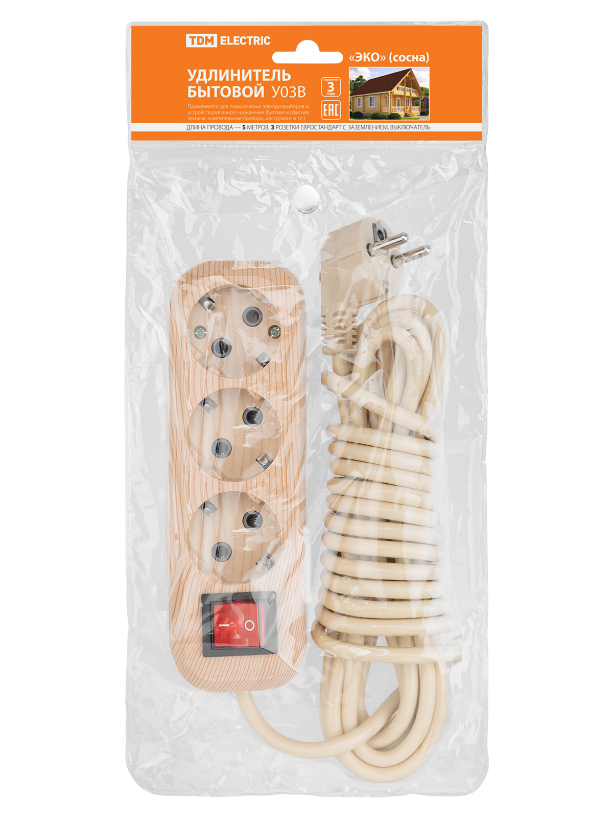 Удлинитель бытовой У03В (выключатель, 3 гнезда, 5 метров, 2П+3, ПВС 3х1мм) 16А/250В TDM SQ1303-2102 в интернет-магазине Ремкабель
