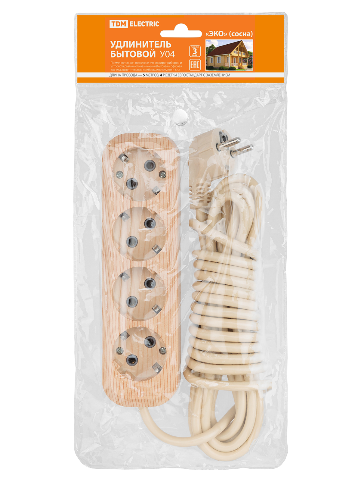 Удлинитель бытовой У04 (4 гнезда, 5 метров, 2П+3, ПВС 3х1мм) 16А/250В TDM SQ1303-2012 в интернет-магазине Ремкабель